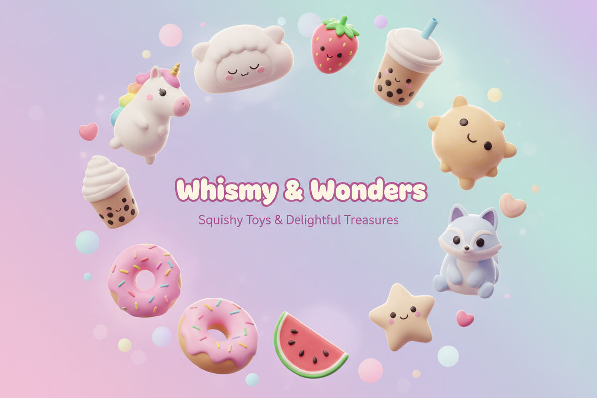 Pastel banner for “Whimsy & Wonders” featuring floating kawaii squishy toys, including a unicorn, cloud, strawberry, drinks, donuts, fox, star, and watermelon.